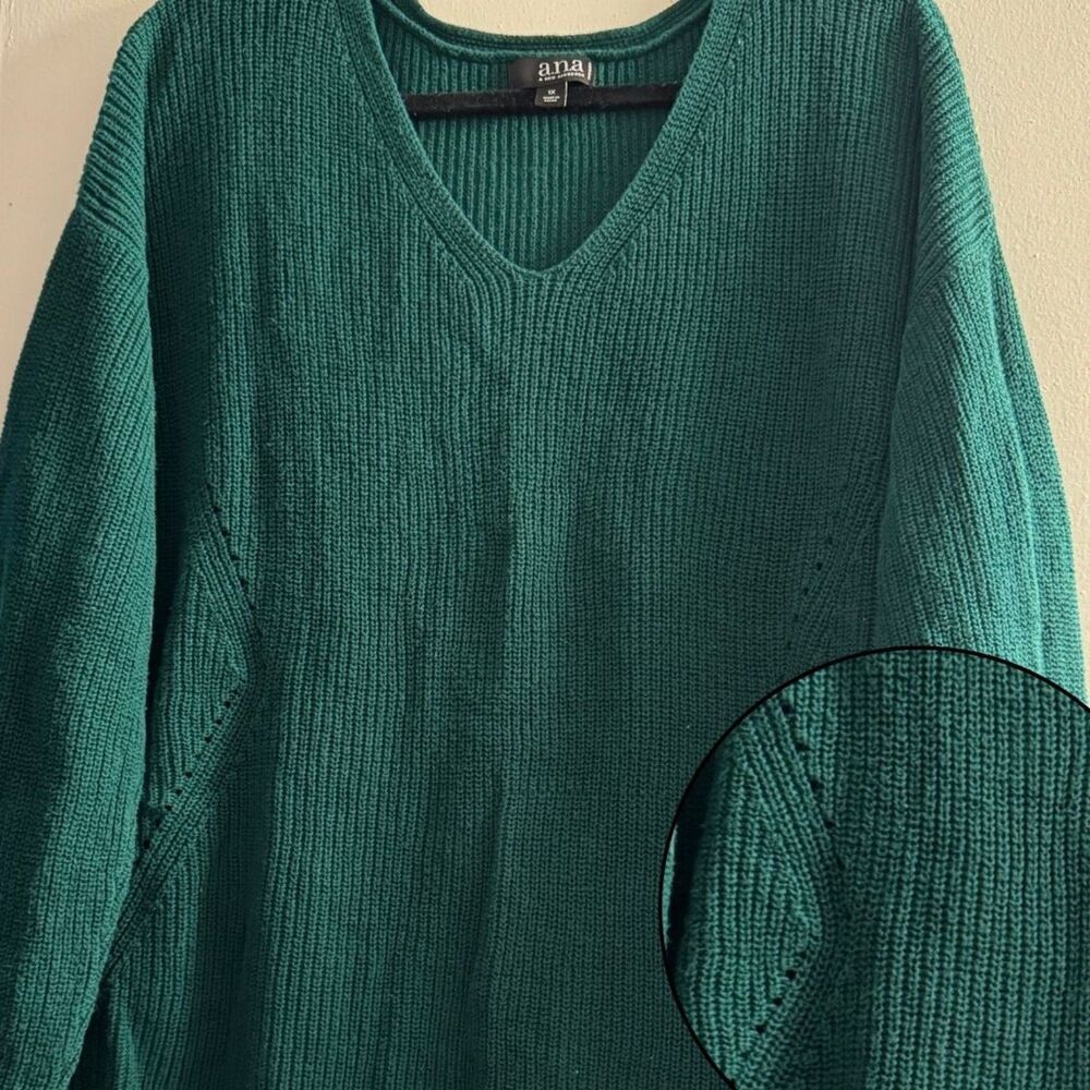ANA A New Approach Emerald Green Cotton Rib Knit V-Neck Sweater 1X